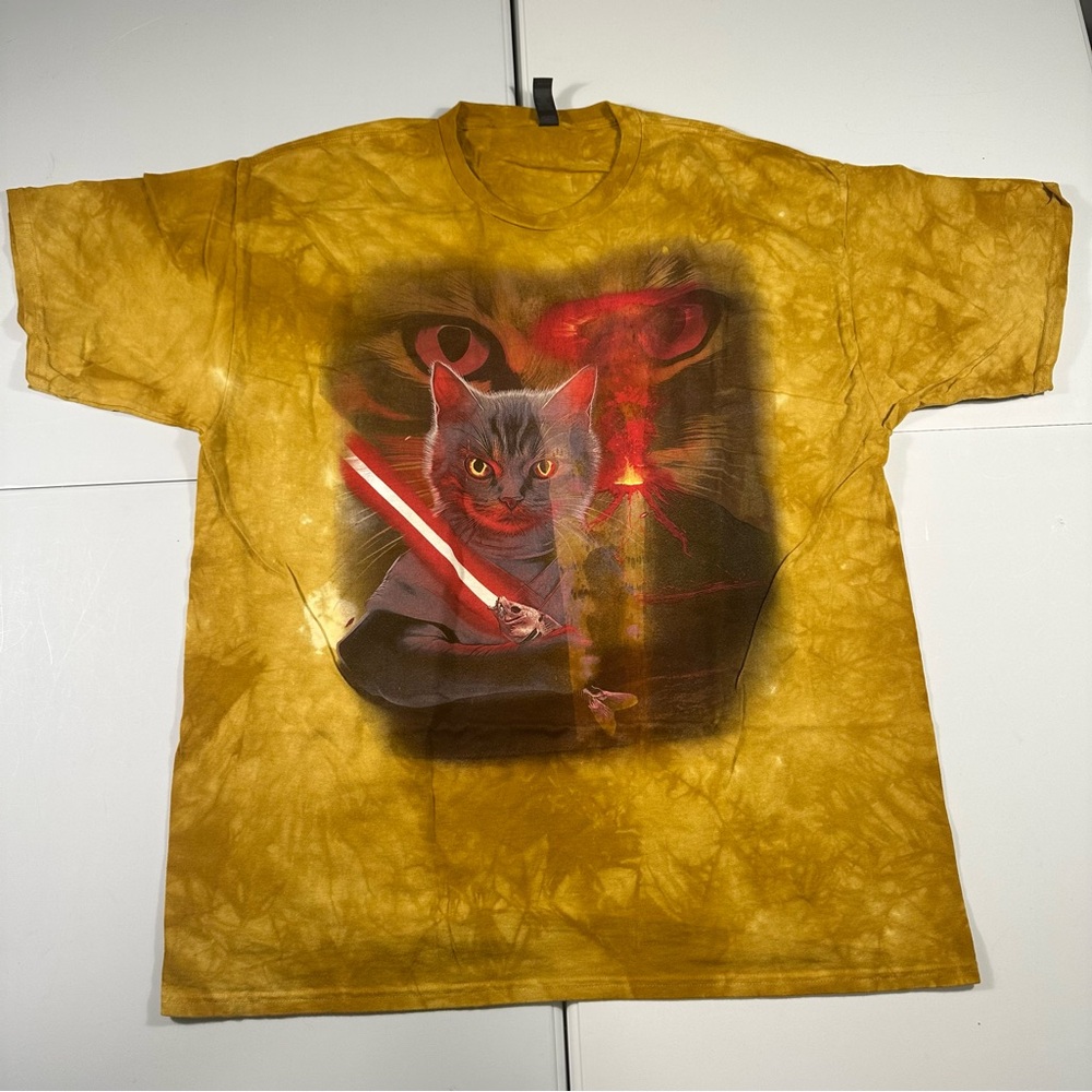 The mountain Star Wars cat light saber yellow tie dye short sleeve shirt 2XL